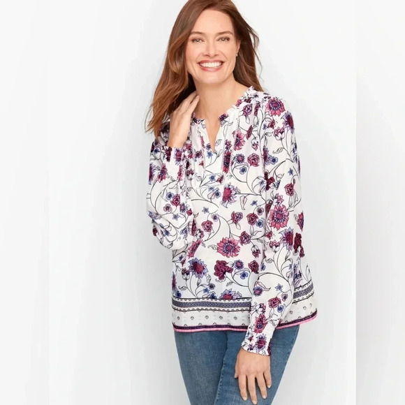 TALBOTS SMOCKED SHOULDER TOP - FLORAL VINES SIZE S - Picture 1 of 9